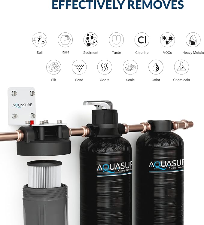 Aquasure Serene Lite 800K Gallons Whole House Salt-Free Water Conditioner/Descaler Bundle with Pleated Sediment Filter and GAC/KDF55 Treatment System for 1-3 Bathrooms | Removes 99% of Contaminants