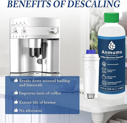 Anmumu Delonghi* Compatible Cleaning&Descaling Kit - 1 Bottle 200ML Descaling Solution with 2 Pack Coffee Filter Replacements DLSC002,Fits ECAM,Esam,ETAM Coffee Machines