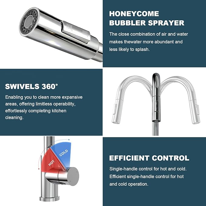 Tohlar Chrome Kitchen Faucets with Pull Down Sprayer, Single Handle Kitchen Sink Faucet Modern Staninless Steel Kitchen Faucet with Deck Plate