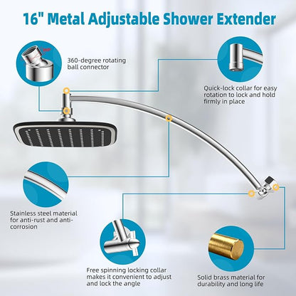 10" Rain Shower Head with 16" Metal Extension Arm, High-Pressure Showerhead | Chrome, Boosting Rainfall/Fixed Showerhead, Stainless Steel Shower Extender Adjustable Height/Angle, Easy 1-Min Installation