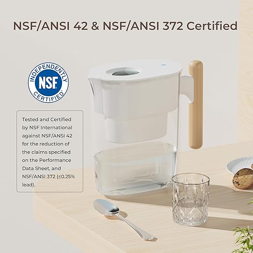 Waterdrop PT-04W Water Filter Pitcher, 10-Cup Capacity, NSF Certified, 200-Gallon Long-Life Filter, 5X Longer Filter Life, Reduces PFOA/PFOS and Chlorine, BPA-Free, Sturdy Wooden Handle, White