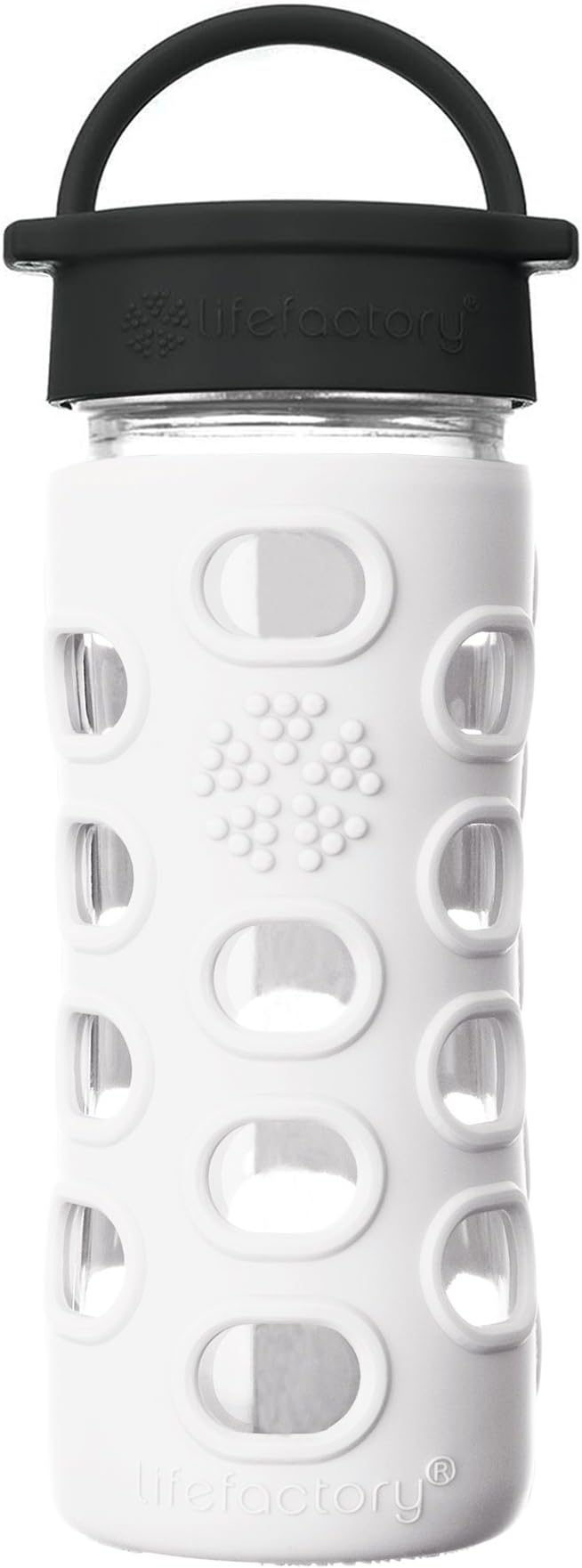 Lifefactory 12-Ounce BPA-Free Glass Water Bottle with Classic Cap and Protective Silicone Sleeve, Optic White