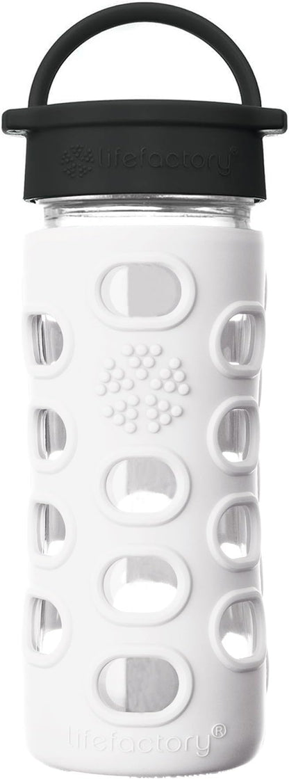 Lifefactory 12-Ounce BPA-Free Glass Water Bottle with Classic Cap and Protective Silicone Sleeve, Optic White