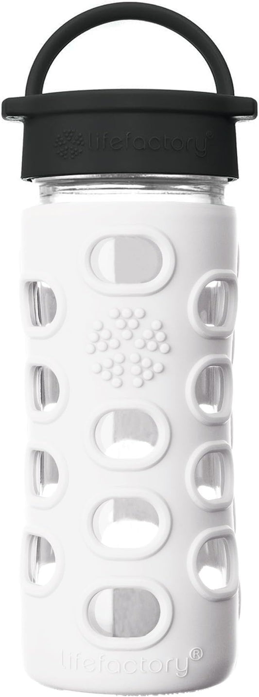 Lifefactory 12-Ounce BPA-Free Glass Water Bottle with Classic Cap and Protective Silicone Sleeve, Optic White