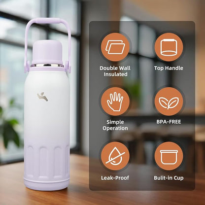 Konokyo Insulated Water Bottle with Handle and Strap,Vacuum Travel Tumbler with Cup Lid,Thermo Coffee Cup for Hot Cold Drinks 50 OZ,Purple Pearl