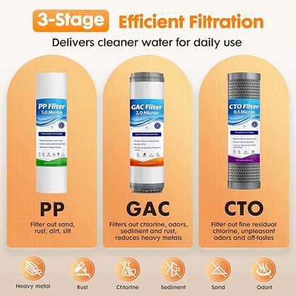 Whole House Water Filter System for Well Water,3-Stage Whole Home Water Filtration System,Reduces Taste & Sediment,Chlorine,for Cleaner Water, Includes 3 Sets Filters (2 Years Supply), 2 Valves, 3/4”