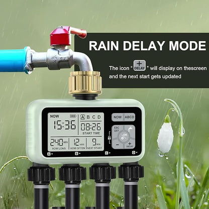 Watering Timer 4 Zone with with Brass Inlet, Sprinkler Timer, Programmable Garden Outdoor Hose Faucet Timers with Rain Delay/Manual/Automatic Watering System,Water Hose Irrigation Timers 4 Outlet