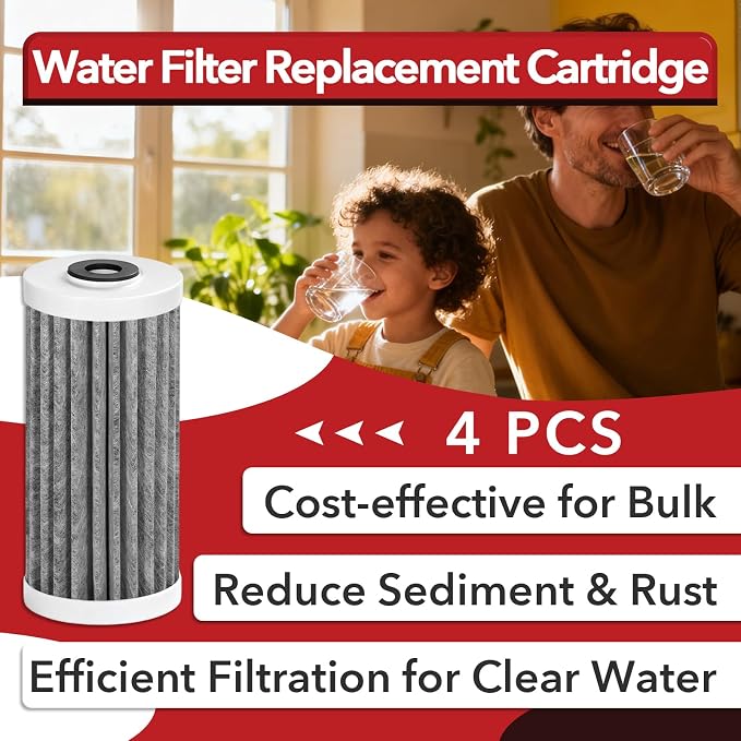 4 Pcs 4.5"x10" 5 Micron Carbon Block Water Filter Replacement Cartridge | Compatible with AO Smith WH-PREL-RCP Whole House Systems, Reduces Sediment & Chlorine