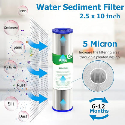 5 Micron Water Filter 10" x 2.5", 10-inch Whole House Sediment Pre-Filters for Well & Municipal water, Replacement Cartridge for FXWPC, EQ-PFC35, ECP5-10, S1, 3WH-STDPL-F02, SPC-25-1005, 6-Pack