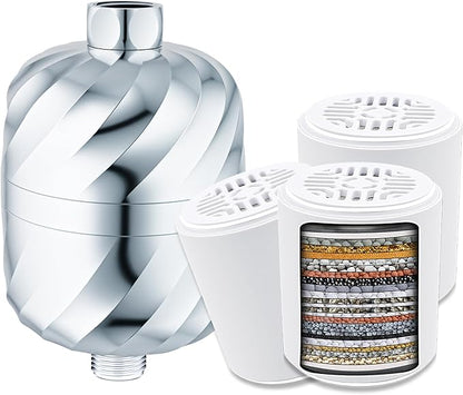 Shower Filter and 3 pcs Cartridge-99% Removal of Chlorine,Rust,Impurities -Softens Hard Water to More Clean - Smooth Skin, Hair Soft -High Output No Pressure Loss/NO Leaking,Easy Install and Replace