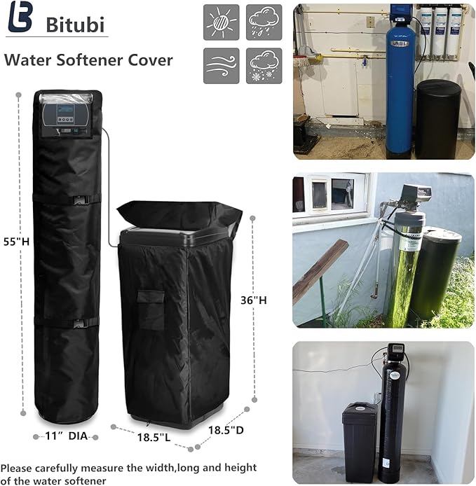 Bitubi 2Pcs Water Softener Cover, Outdoor Softener Tank/Filter Cover + Brine Tank Cover,Upgraded Top with Adjustable Transparent PVC Window, All Weather Protection, Black