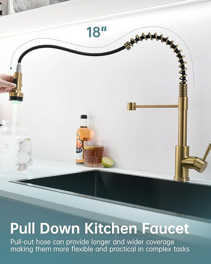 GIMILI Gold LED Kitchen Faucet with Soap Dispenser, Modern Single Handle Spring Kitchen Sink Faucets with Pull Down Sprayer