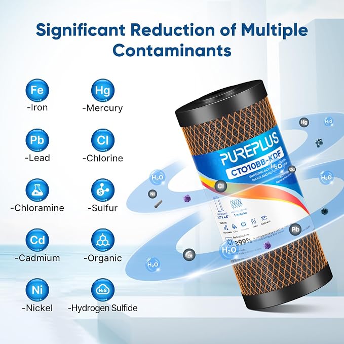 PUREPLUS 1 Micron 10" x 4.5" Whole House Coconut Shell Activated Carbon and KDF Water Filter, Heavy Metal Removal Replacement Water Filter, Compatible with GXWH40L, GXWH35F, BB10, CTO10BB-KDF, 2 PACK