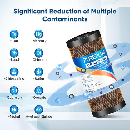 PUREPLUS 1 Micron 10" x 4.5" Whole House Coconut Shell Activated Carbon and KDF Water Filter, Heavy Metal Removal Replacement Water Filter, Compatible with GXWH40L, GXWH35F, BB10, CTO10BB-KDF, 2 PACK