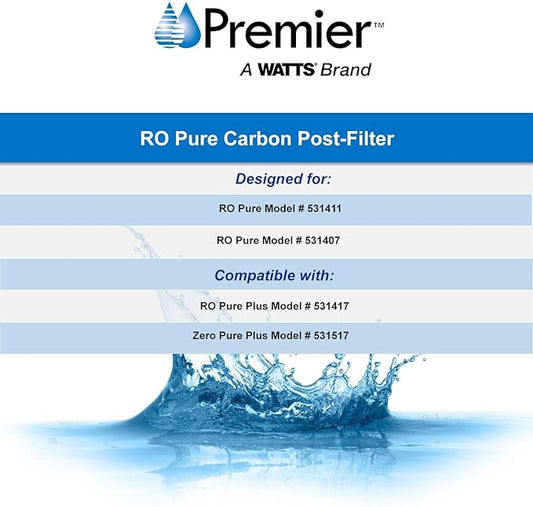 Watts Premier 5-Micron Activated Carbon Post-Filter for RO Pure/Pure Plus/Zero Pure Plus Reverse Osmosis System, Final Polishing Water Filter Replacement, Push Button Assembly