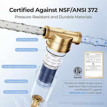 VIOMI 40 Micron Spin Down Sediment Filter, Backwash Whole House Water Filtration System for City Water, NSF/ANSI 372 Certified, Reusable Pre-Filtration System, 1" MNPT + 3/4" MNPT, BPA-Free