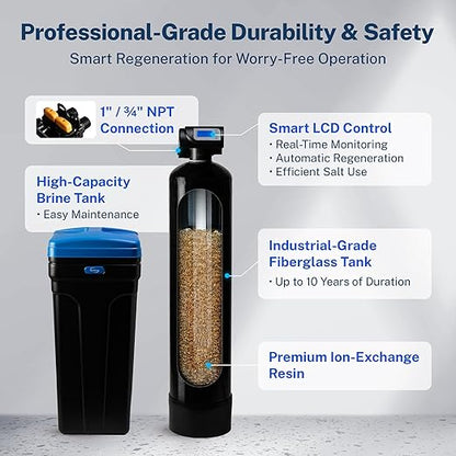 iSpring WCSTB45KG Whole House Water Softener System, 45,000 Grains High Capacity Water Softener Removes Hard Water and Scale, Automatic Backwash and Regeneration, for Whole House & Commercial Use