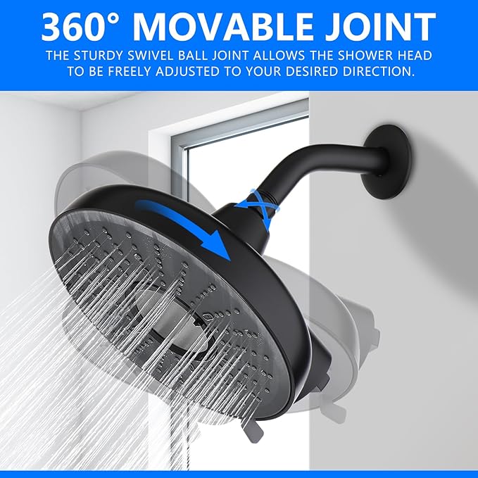 Filtered Shower Head, 8 Inch High Pressure Rainfall Showerhead and 15 Stage Shower Filter Combo for Hard Water, 360° Adjustable Swivel, 3 Spray Modes (Black)