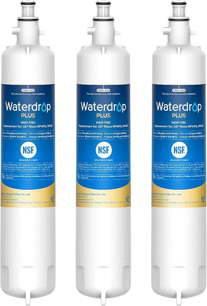 Waterdrop Plus WDP-F19C Replacement for GE® RPWFE®, RPWF (with CHIP) NSF 401 Refrigerator Water Filter, Compatible with WSG-4, GFE28GBLTS, GFE28GSKSS, PFE28KMKES, 3 Filters (Package May Vary)
