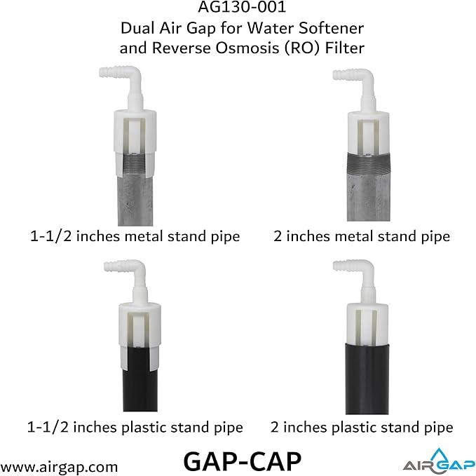 Dual Air Gap for Water Softener and Reverse Osmosis with 5/8 or 1/2-inch and 3/8 or 1/4-inch inlets, 1-1/2 or 2-inch Standpipe (8500, GAP-CAP, AG130-001)