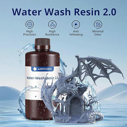 ANYCUBIC Water Washable Resin 2.0 Bundle, 3D Printer Resin with Low Viscosity and Fast Printing, 405nm High Precision 3D Resin, Grey+Clear+White+Black, 1kg per Bottle, 4kg in Total