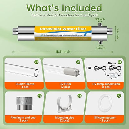 Whole House UV Water Filter System 55W 120V, 12GPM High Flow Whole Home Water Purifier with 3/4” MNPT Ports & Extra UV Bulb