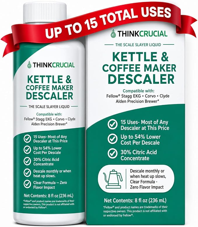 Think Crucial Kettle & Coffee Maker Descaler, 15 Uses, Best Value Per Descale — Compatible with Fellow, Stagg EKG, Corvo, Clyde, Aiden Brewer — Unscented Clear Liquid — 8 fl oz