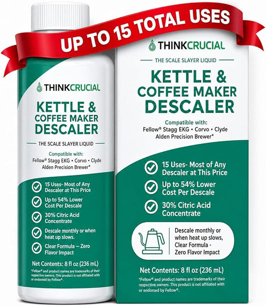 Think Crucial Kettle & Coffee Maker Descaler, 15 Uses, Best Value Per Descale — Compatible with Fellow, Stagg EKG, Corvo, Clyde, Aiden Brewer — Unscented Clear Liquid — 8 fl oz