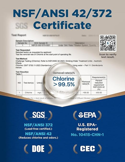 NOVETE Under Sink Water Filter, 3-Years, 30000 Gallons, Reduce 99.5% Chlorine, PFAS, Bad Taste, NSF/ANSI 42/372, Water Filtration System with Stainless Faucet, USA Tech, Do Not Reduce TDS, UWF0A-KPC