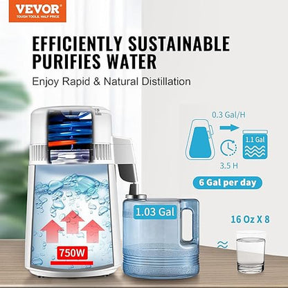 VEVOR Water Distiller, 1.1 Gal Distilled Water Machine, 750W Pure Water Distilling w/BPA Free Plastic Container, Water Distillation Kit w/Button, Countertop Distilled Water Maker for Home, White
