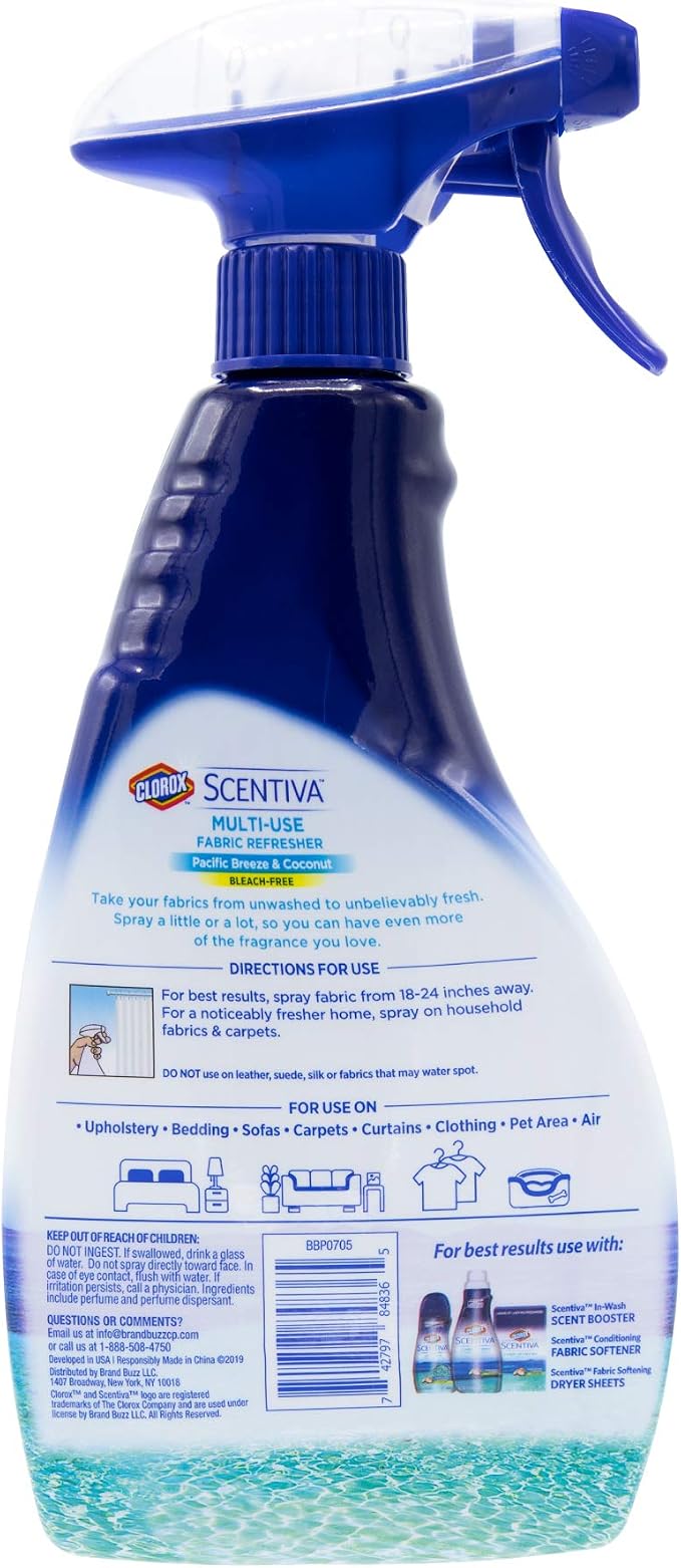 Clorox Scentiva Fabric Refresher Spray for Household Home Fabrics, Odor Refreshing Spray for Upholstery, Curtains, Bedding and Carpets, Pacific Breeze Coconut Scent, 16.9 Fl Oz (Pack of 2)