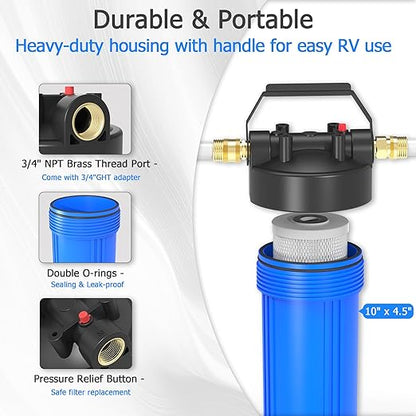 HHB10 RV Water Filter System with 0.2 Micron 2-in-1 Composite Filter, Removes Sediments, Chlorine, VOCs, Heavy Metals, Bad Taste & Odor, Ideal for RVs, Campers, Travel Trailers and Boats