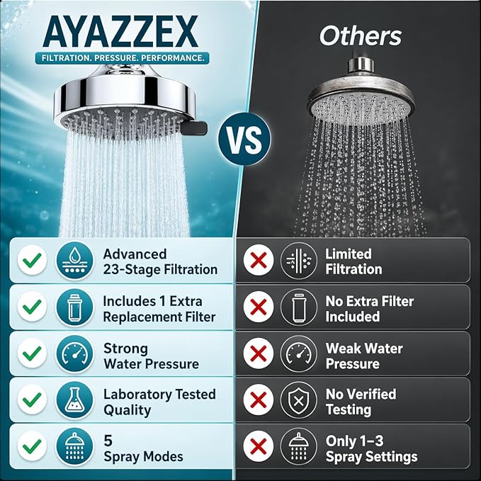 Filtered Shower Head – Water Softener – Shower Head With Filters for Hard Water – 5 Modes High Pressure Showerhead – 1-Min Install – Reduces Chlorine & Heavy Metals – 1 Bonus Shower Filter