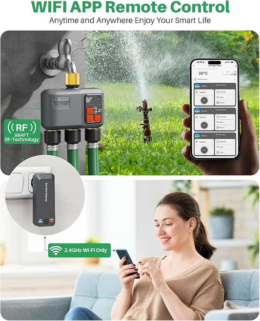WiFi Sprinkler Timer 3 Zone with 984 FT Range, 3 Outlet Smart Water Timer for Garden Hose with Strong Wall Penetration/Rain Delay/Alexa & Google Voice/App Control, Water Hose Timers for Garden & Lawn