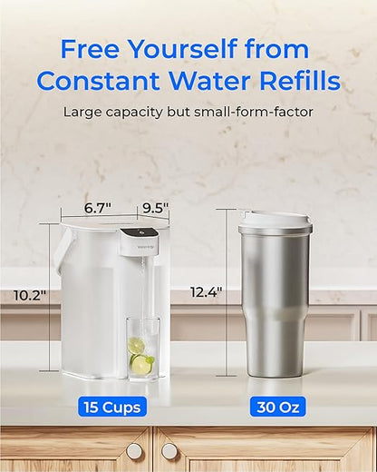 Waterdrop ED61W Water Filter Dispenser, 200-Gallon Rechargeable Water Pitcher, Instant 15-Cup Countertop System, 10X Filtration Efficiency, Reduce 98% Chlorine and 20+ Contaminants, White