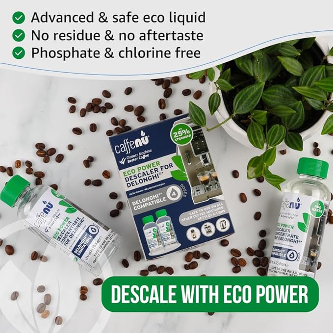 Delonghi Compatible Descaling Solution. 2 Bottles of Descaler Solution. Descaling Kit Removes Limescale For Hotter Coffee. 4 Uses Descaler For Delonghi Coffee Machines.