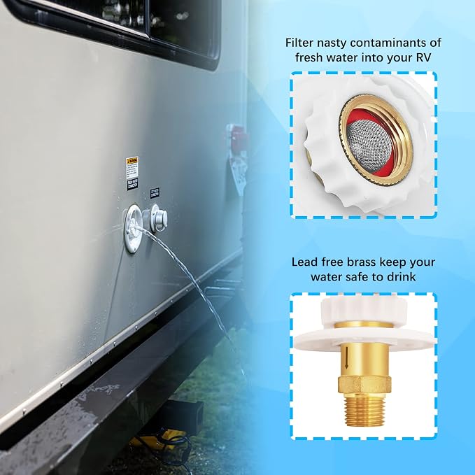 RV City Water Fill Inlet Flange Check Valve Water Hookup Connector 3/4 NH Female to 1/2 NPT Male Mount Lead-Free Brass Flush RV Water Backflow Preventer with Dust Plug for RV Camper Motorhome