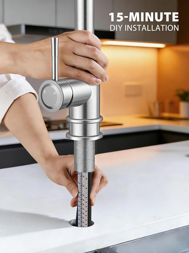 Hiqufet Vintage Kitchen Faucets with Pull Down Sprayer, Brushed Nickel | Stainless Steel High Arc, Drip-Free 3 Spray Mode, 360° Rotation, Easy DIY Single Hole Install