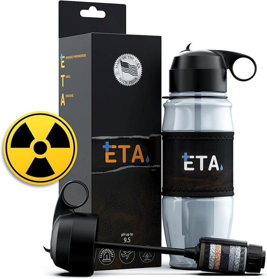 ETA Alkaline Water Filter Bottle for Travel, Camping, Hiking, Backpacking, Emergency, Survival | Removes up to 99.99% of Harmful contaminants, 9.5pH, Protects the Nutrient & Mineral Value, Made in USA