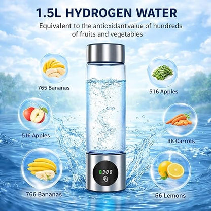 Upgrade Hydrogen Water Bottle, 16oz / 460ml Hydrogen Water Generator with SPE/PEM Tech, 5000PPB in 5 Min, Borosilicate Glass with LED Display, Rechargeable Leak-Proof Bottle for Gym, Office &Daily Use
