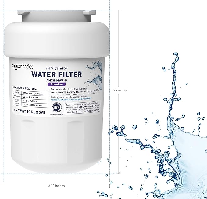 Amazon Basics Replacement Water Filter Cartridge Compatible with GE MWF Refrigerator, NSF Certified, No Leaks, Fits Perfectly, Compatible with GE and Kenmore, 3-Pack