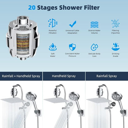 Hibbent All Metal 10'' Dual Filtered Rainfall Shower Head Combo, High Pressure Handheld Shower Head with 12'' Adjustable Curved Extension Arm, 20 Stage Shower Filter, 10-spray, 71'' Hose, Chrome