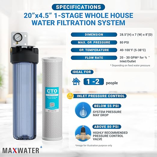 20 x 4.5 Whole House 1 Stage CTO Coconut Shell Carbon Block Water System w/ 1" NPTF Port Housing Head Includes 5 Micron CTO Filter, Gauge & Bracket BB-20B WH100SP WDS150K CB1-CAB20-BB DB20P