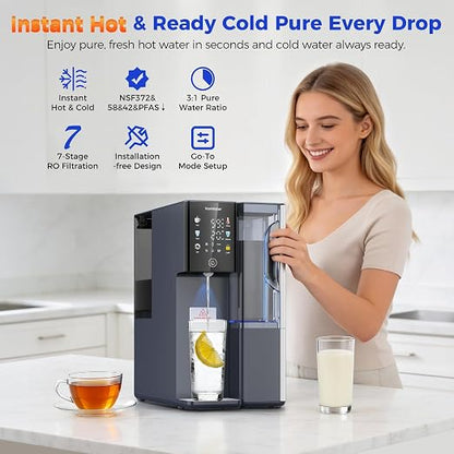 Reverse Osmosis Water Filter Countertop Hot and Cold RO System-3s Instant Hot, 6 Temp Settings, 7-Stage RO Water Filtration, NSF/ANSI372/42/58, Auto-Fill Pitcher, 3:1 Pure to Drain, C5-Blue