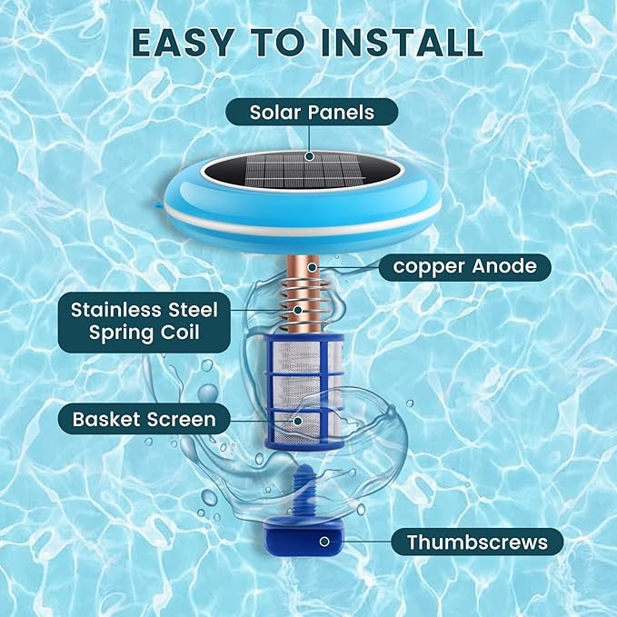 Pool Ionizer Solar Powered,Copper Ionization,Floating Automatic Water Cleaner and Purifier,Up to 45,000 Gal,85% Less Chlorine, Chlorine Free Water,Smart Replacement