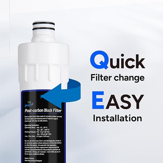 Pureal Under Sink Post-Carbon Block Water Filter Replacement Cartridge, Reduces Chlorine, VOCs, THM & Rust, Final Polishing Improves Taste & Odor, Tool-Free Quick Twist, Made in Korea (PPF-1103)