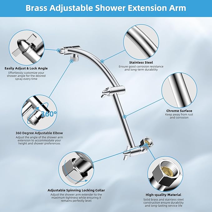 Hibbent All Metal cUPC Certified Rain Shower Head, 12'' High Pressure Rainfall Showerhead with 16" Shower Head Extension Arm, Solid Brass Adjustable Shower Arm Extender, fixed Showerheads, Chrome