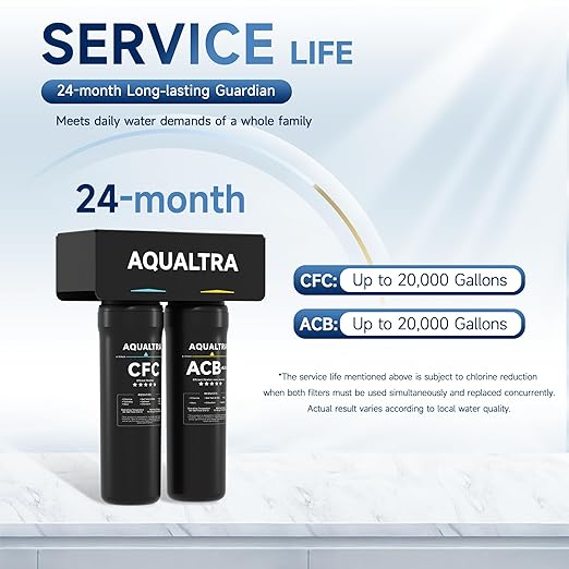 AQUALTRA USF-2B-10 Slightly Alkaline Under Sink Filter System, 20K Gal, Reduce PFOA, PFOS, Chlorine, Lead, Mercury, Chloramine, Fluoride, Microplastics Particles, Bad Taste & Odor