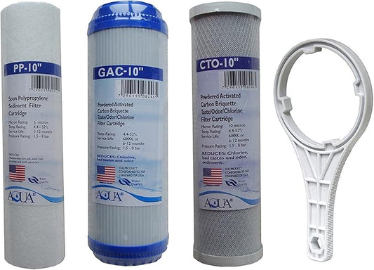 Universal Reverse Osmosis RO Replacement Set of 3 filter cartridges : Sediment, GAC, CTO Carbon Block for undersink RO. 3 Pk. Size: 10"x2.5"