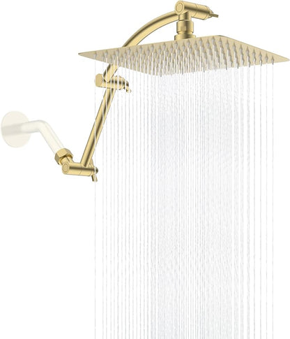Hibbent All Metal cUPC Certified Rain Shower Head, 10'' High Pressure Rainfall Showerhead with 16" Shower Head Extension Arm, Brass Adjustable Shower Arm Extender, Fixed Showerheads, Brushed Gold